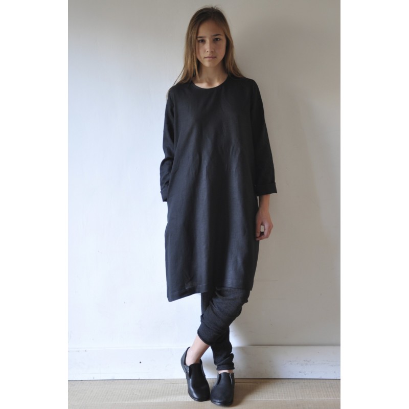 Uniform flared dress, black linen