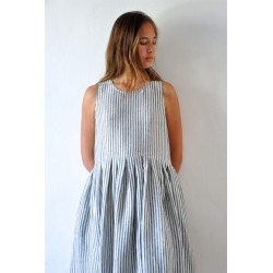 Uniform pleated dress, sleeveless, light stripes linen