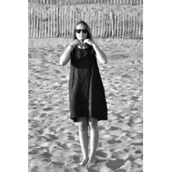 Uniform flared dress, short sleeves, black linen