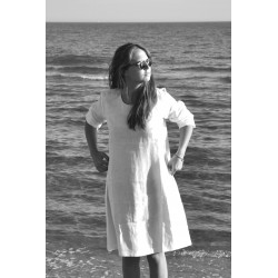 Uniform flared dress, long sleeves, white linen