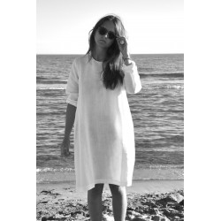 Uniform flared dress, long sleeves, white linen