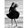 Uniform pleated long sleeves dress, black linen