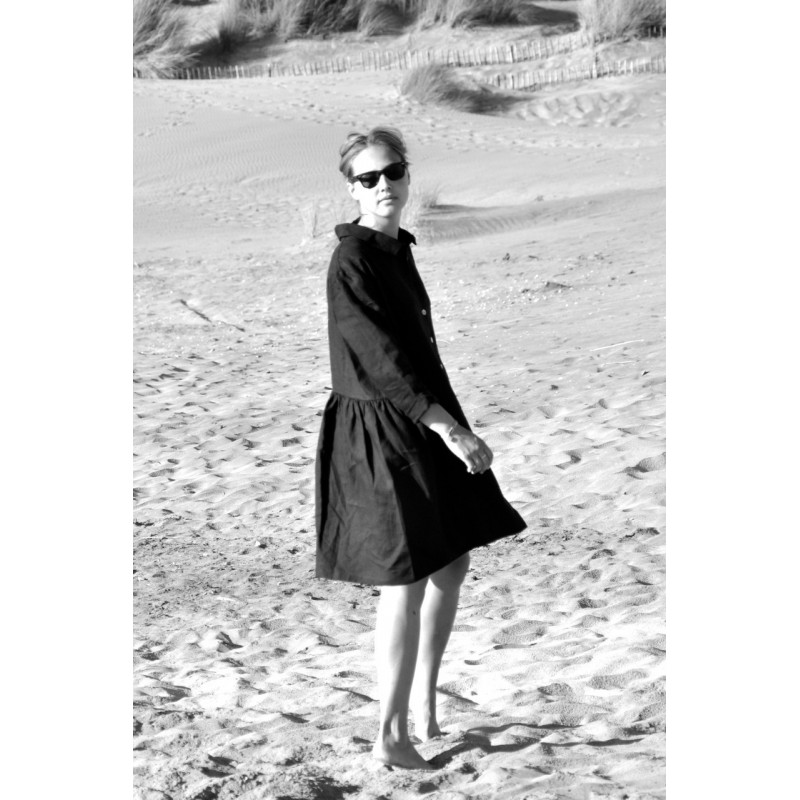 Uniform shirt-dress long sleeves, black linen