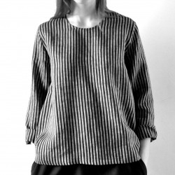 Blouse manches longues, lin rayures sombres