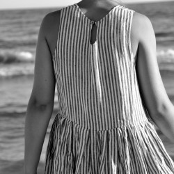 Uniform pleated dress, sleeveless, light stripes linen