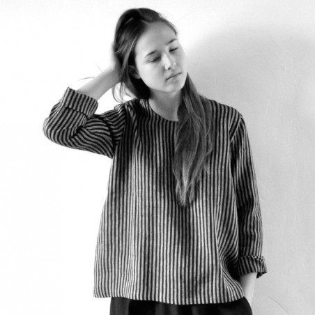 Uniform blouse long sleeves, dark stripes linen