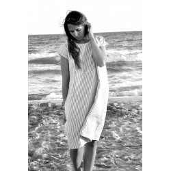 Uniform flared dress, short sleeves, light stripes linen