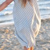 Uniform flared dress, short sleeves, light stripes linen