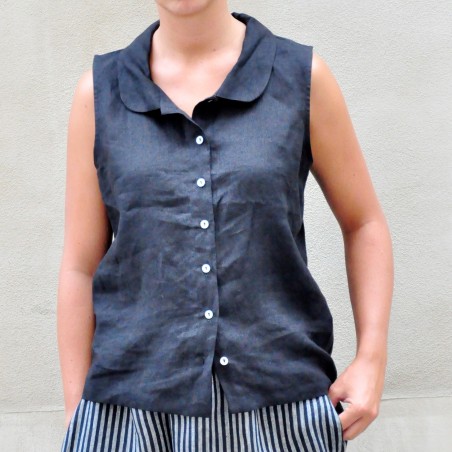 Sleeveless shirt, black linen