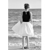 Bicolor pleated dress, sleeveless, black and white linen