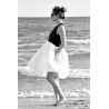 Bicolor pleated dress, sleeveless, black and white linen