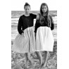 Bicolor pleated dress, long sleeves, black and white linen