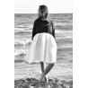 Bicolor pleated dress, long sleeves, black and white linen