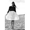 Bicolor pleated dress, long sleeves, black and white linen