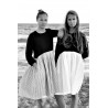 Bicolor pleated dress, long sleeves, black and light stripes linen