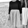 Bicolor pleated dress, long sleeves, black and light stripes linen