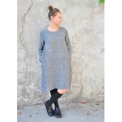 Flared dress, long sleeves, grey linen