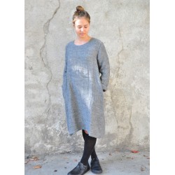 Flared dress, long sleeves, grey linen