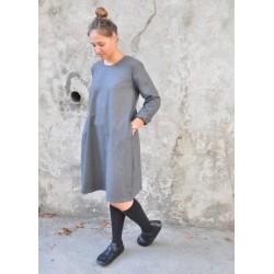 Flared dress, long sleeves, grey wool blend