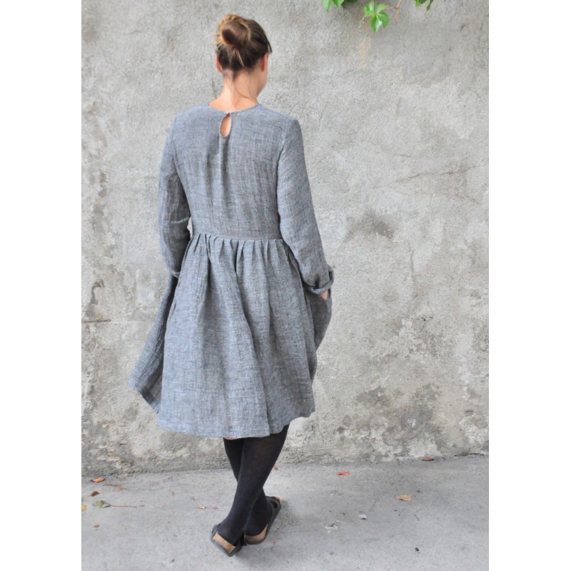 Pleated dress,  long sleeves, grey linen