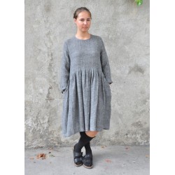 Pleated dress,  long sleeves, grey linen