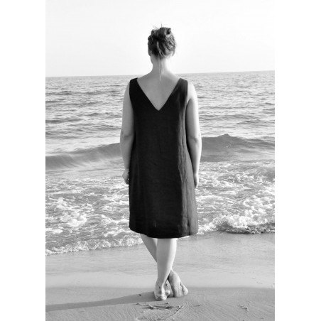 V back dress, black linen