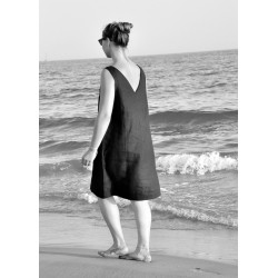 V back dress, black linen