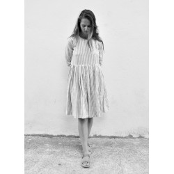 Uniform pleated long sleeves dress, light stripes linen