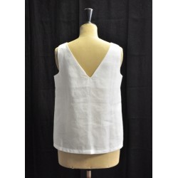 V back blouse, white linen