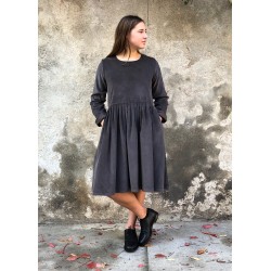 Pleated dress,  long sleeves, grey corduroy