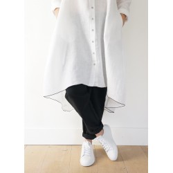 Long sleeves pleated shirt-dress, white linen