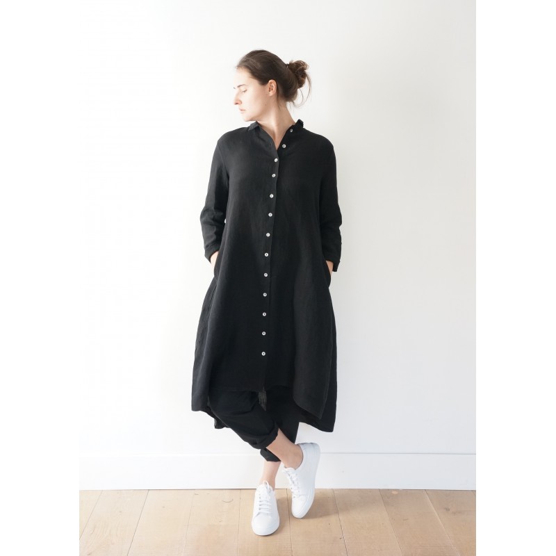 Robe-chemise à plis manches longues, lin noir