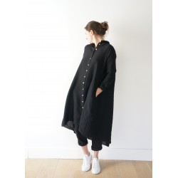 Long sleeves pleated shirt-dress, black linen