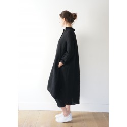 Long sleeves pleated shirt-dress, black linen