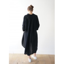 Long sleeves pleated shirt-dress, black linen