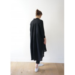 Long sleeves pleated shirt-dress, black linen