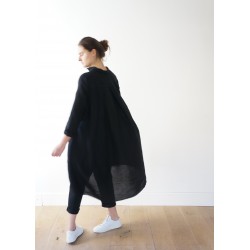 Long sleeves pleated shirt-dress, black linen