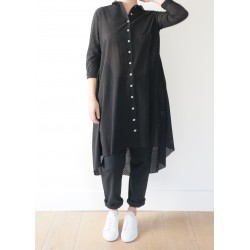 Long sleeves pleated shirt-dress, black openwork cotton