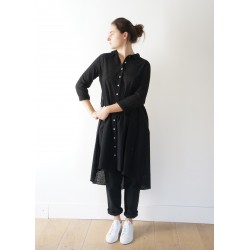 Long sleeves pleated shirt-dress, black openwork cotton