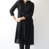 Long sleeves pleated shirt-dress, black openwork cotton