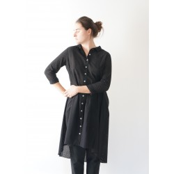 Long sleeves pleated shirt-dress, black openwork cotton