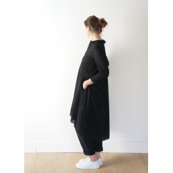 Robe-chemise à plis manches longues, coton ajouré noir