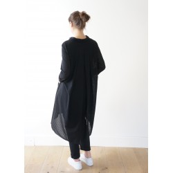 Robe-chemise à plis manches longues, coton ajouré noir