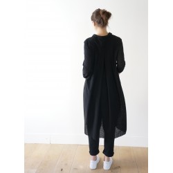 Long sleeves pleated shirt-dress, black openwork cotton