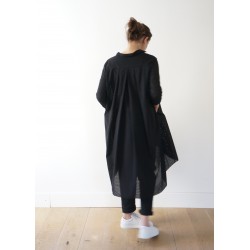 Long sleeves pleated shirt-dress, black openwork cotton