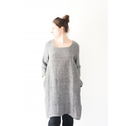 Flared dress, long sleeves, squared neck, grey linen