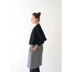 Flared dress, long sleeves, squared neck, grey linen