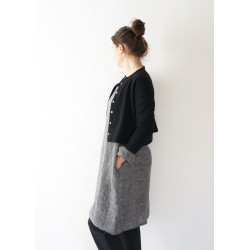 Flared dress, long sleeves, squared neck, grey linen