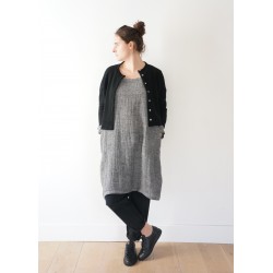 Flared dress, long sleeves, squared neck, grey linen