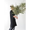 Flared dress, 3/4 sleeves, round neck, in black linen